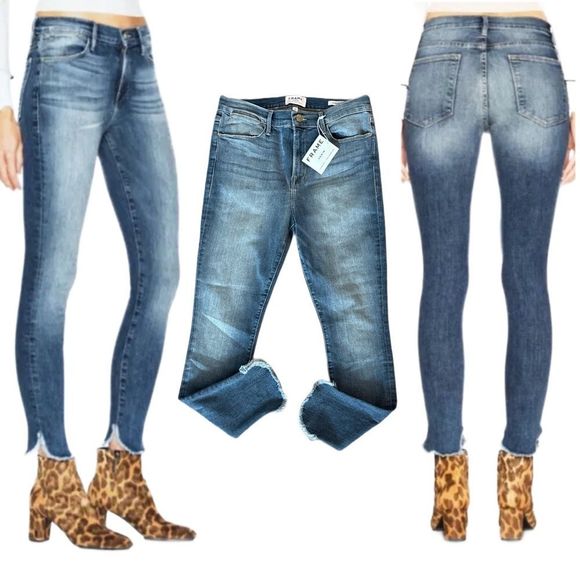 NWT Frame Denim Le High Skinny Jeans with Raw Edge Side Slit Hem
